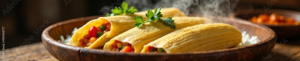 Steaming basket of traditional tamales with a variety of fillings, steaming, spicy food, herbs Steaming basket of traditional tamales with a variety of fillings, steaming, spicy food, herbs