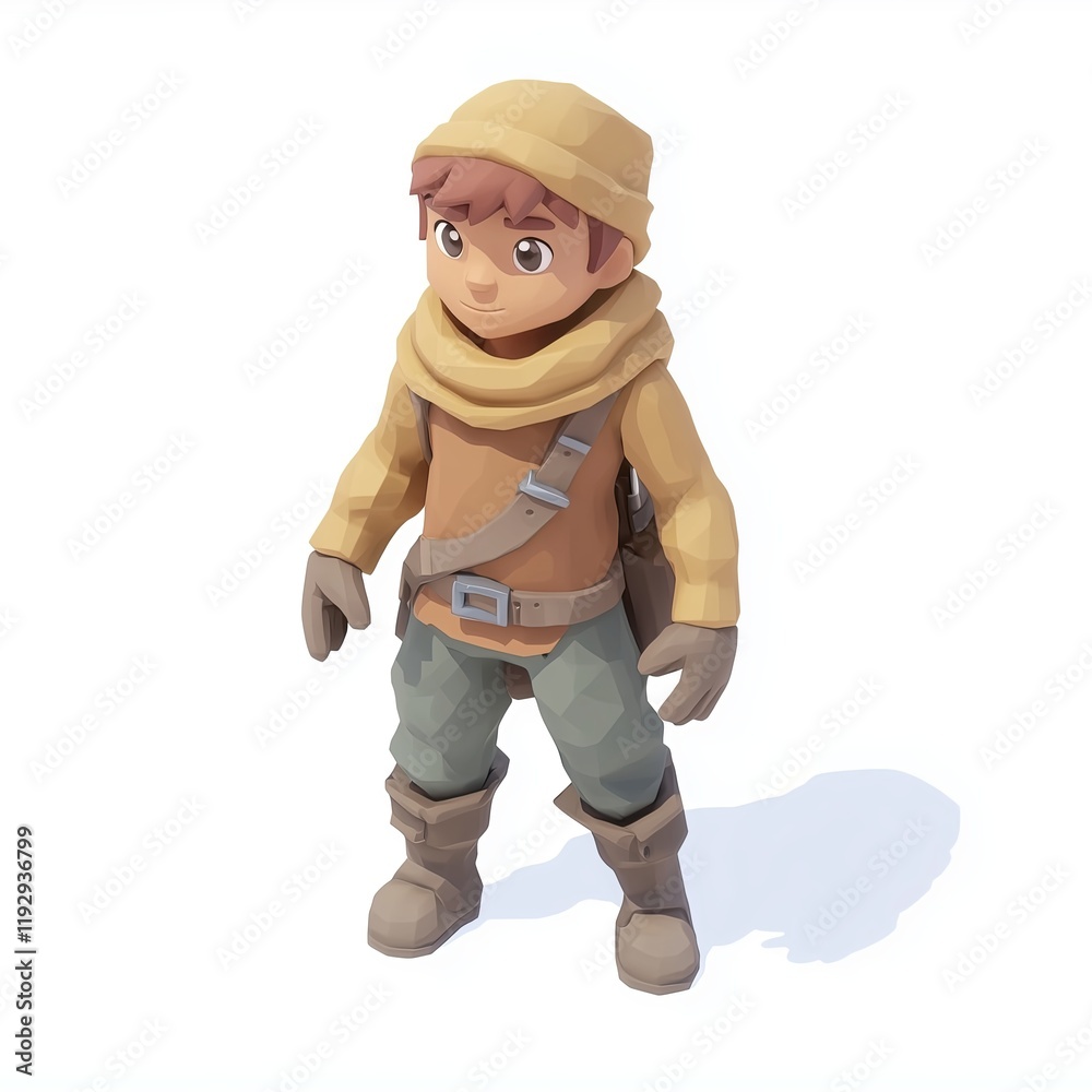 Cute cartoon villager in hat standing in isometric view in a casual game style isolated on a white background Cute cartoon villager in hat standing in isometric view in a casual game style isolated on a white background