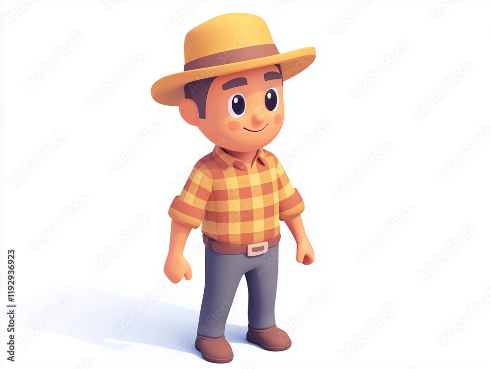 Cute cartoon villager in hat standing in isometric view in a casual game style isolated on a white background Cute cartoon villager in hat standing in isometric view in a casual game style isolated on a white background