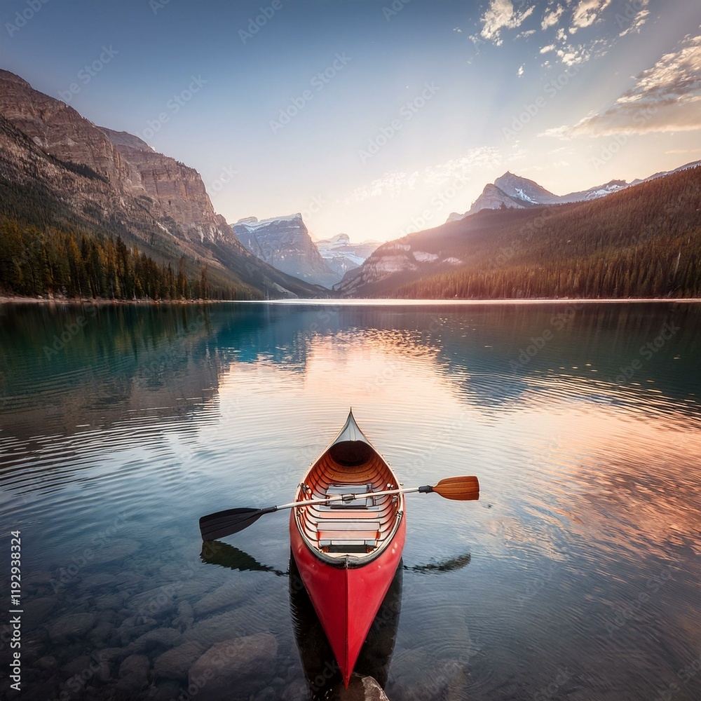 Fototapeta premium Lone canoe on beautiful lake with calm waters