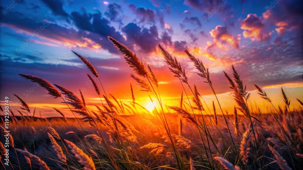 Serene sunset landscape featuring tall grasses illuminated by vibrant, warm sunlight and a colorful sky