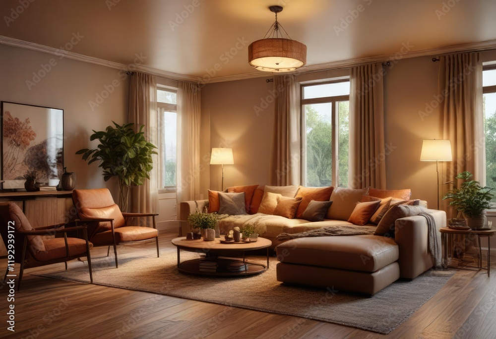 Fototapeta premium A cozy living room with warm lighting and comfortable seating, home decor , seasonal theme, natural textures