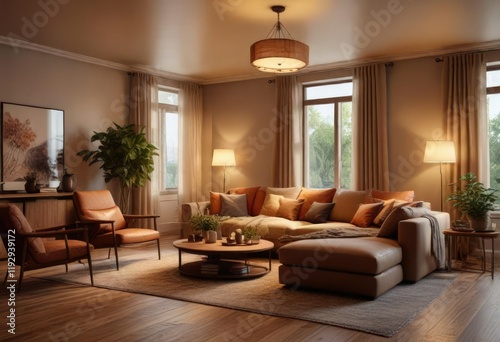 A cozy living room with warm lighting and comfortable seating, home decor , seasonal theme, natural textures