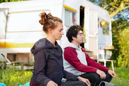 Lesbian couple enjoys peaceful camping in motorhome photo