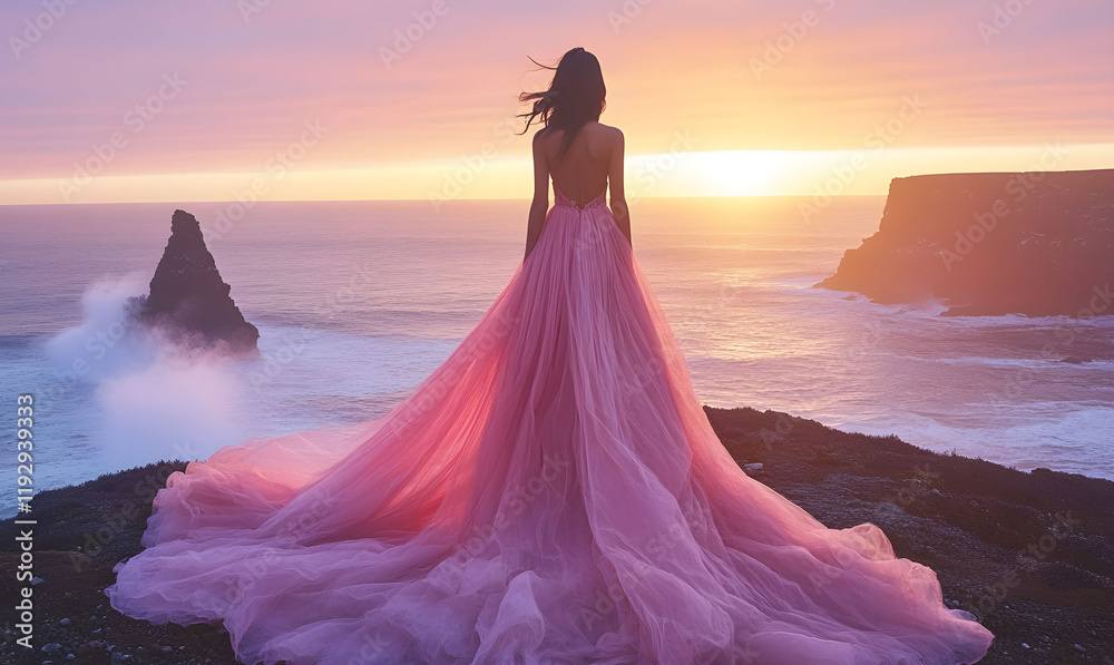 Stunning sunset view with a woman in a flowing pink dress overlooking the ocean cliffs and rock formations Stunning sunset view with a woman in a flowing pink dress overlooking the ocean cliffs and rock formations