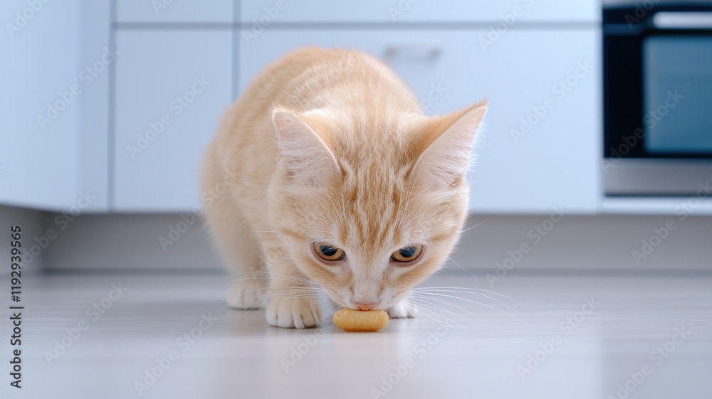 Curious cat sniffs treats in modern kitchen playful scene indoor close-up feline behavior Curious cat sniffs treats in modern kitchen playful scene indoor close-up feline behavior