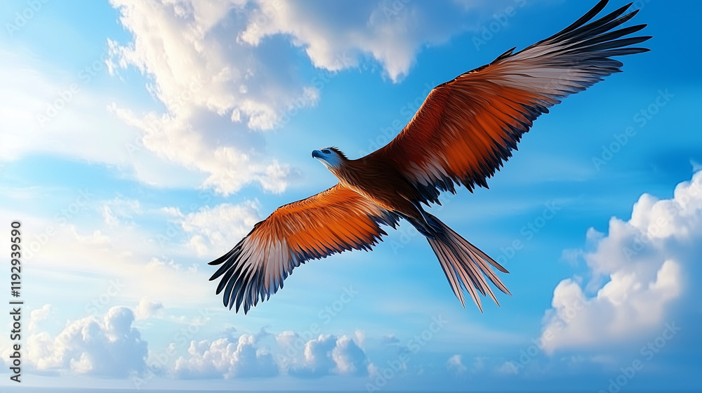 Obraz premium Majestic Bird Soaring in Bright Blue Sky with Fluffy Clouds
