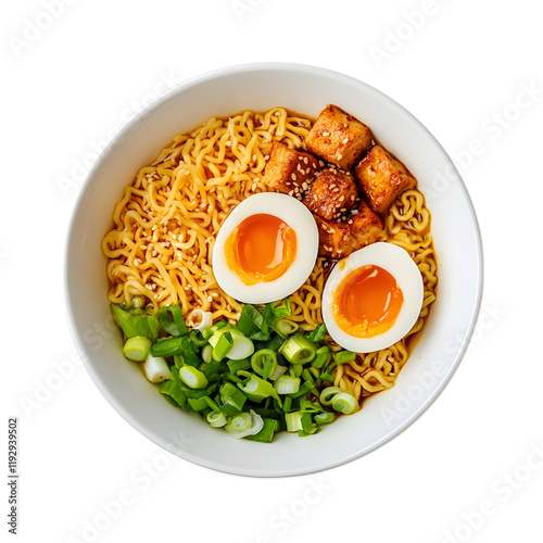 Steaming Hot Bowl of Savory Ramen Noodles with Pork Egg and Vegetables photo