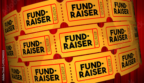 Fundraiser Tickets Roll Buy Enter to Win Now Drawing for Charity Spotlight Red Curtains 3d Illustration