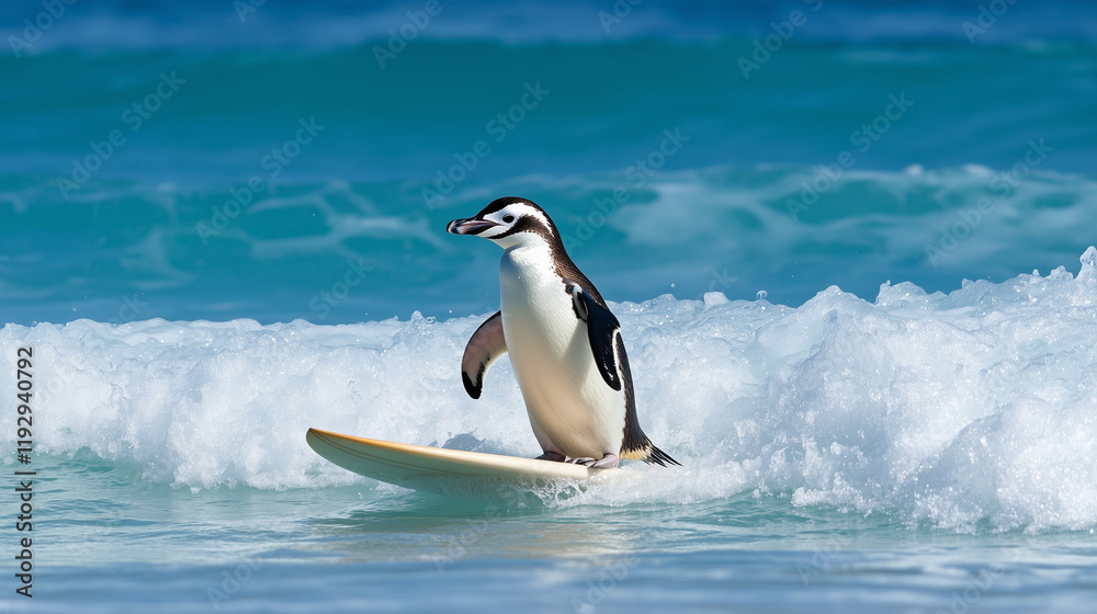 Fototapeta premium Cheerful Penguin Surfing on Waves at Sunny Beach