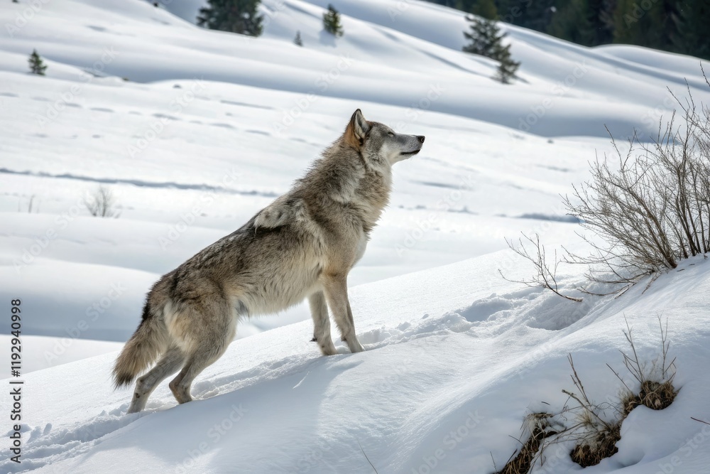 Obraz premium A lone gray wolf stands upright on its hind legs, its fur blending with the snowy landscape, as it surveys its surroundings, white background, wild animal, winter scene, arctic fox, isolation