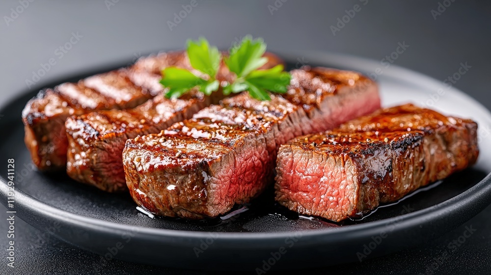 Plate of japanese wagyu beef steak served on a black table with rich marbling and presentation details Plate of japanese wagyu beef steak served on a black table with rich marbling and presentation details