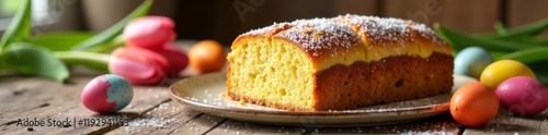 Traditional Slovak and Czech Babovka cake on a decorative table with spring tulips and Easter eggs , tulips, czech, bakalova photo