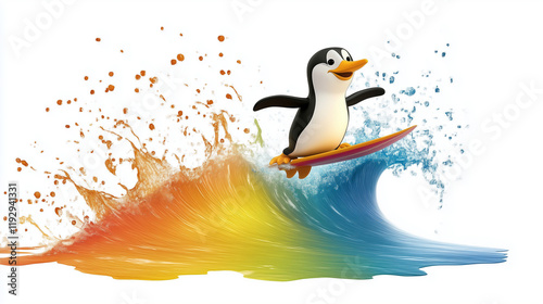 Cheerful Penguin Surfing on Waves in Colorful Cartoon Style