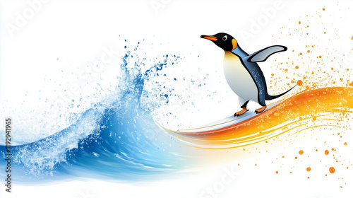 Cheerful Penguin Surfing the Waves in Playful Cartoon Style