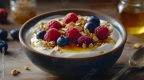 Creamy Greek yogurt bowl topped with fresh berries and granola for a healthy breakfast option