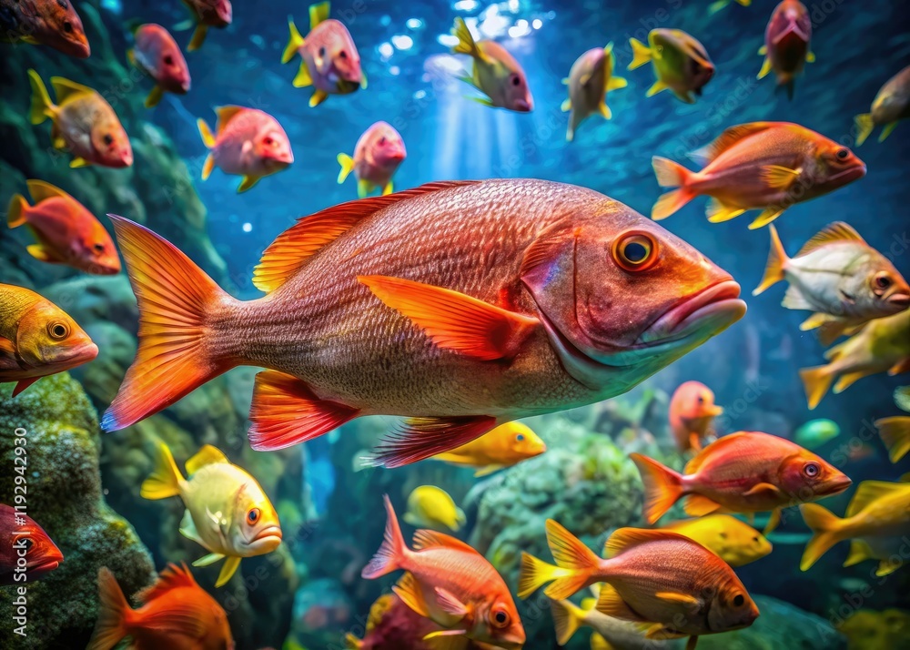 Fototapeta premium Stunning aerial close-up of a vibrant red emperor snapper, showcasing its scales and fins in aquarium clarity.