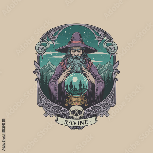 An illustration of a mystical wizard gazing into a crystal ball that shows a scenic mountain ravine at night.