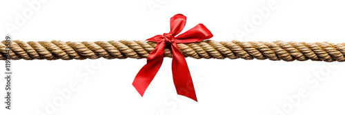 Long tug of war rope pulled tight, with red ribbon tie. Concept of conflict, competition, or rivalry. Isolated on white.
