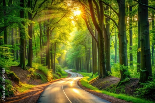 Sun-dappled forest roads: summer hikes, autumn drives, picturesque woodland trails, nature's scenic beauty.