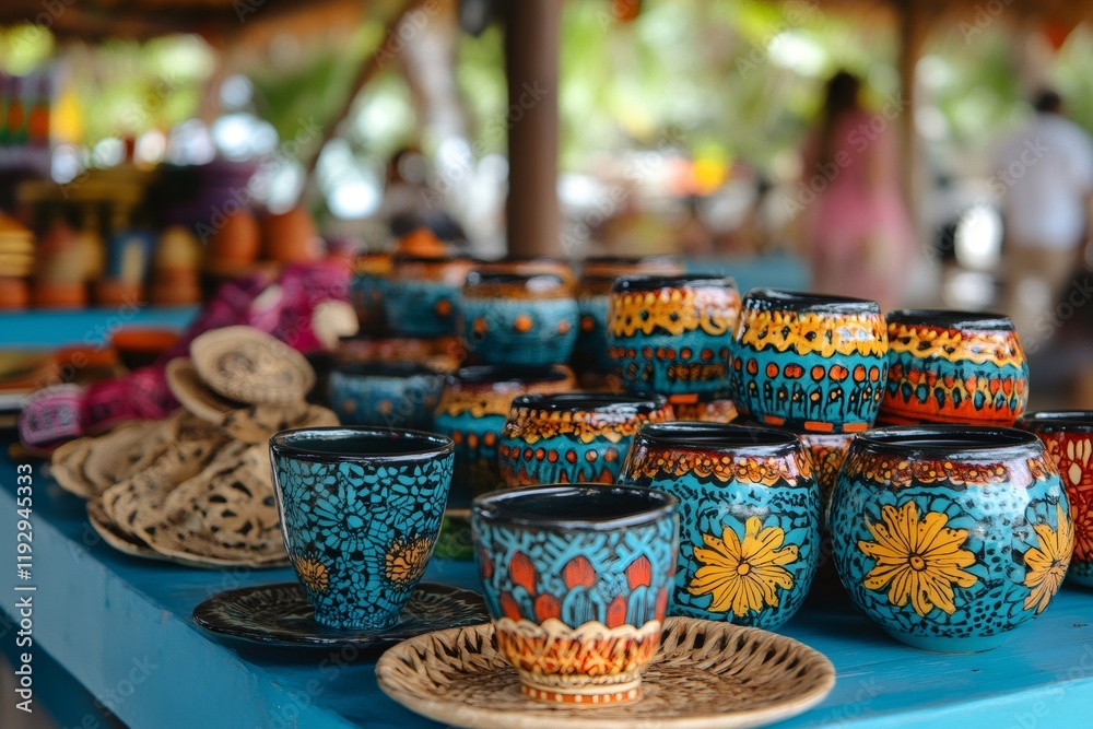 Colorful handmade ceramic cups and saucers displayed on blue wooden table at a crafts market Colorful handmade ceramic cups and saucers displayed on blue wooden table at a crafts market