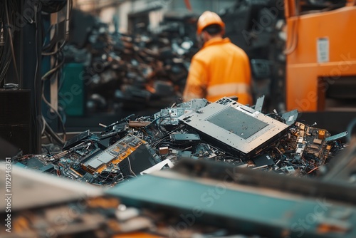 Exploring the remnants of technology in a vibrant recycling facility filled with discarded electronics. Generative AI photo