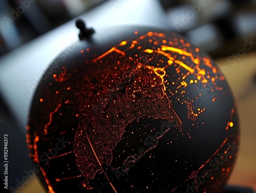 Close-up of a modern globe with glowing accents marking major cities. photo