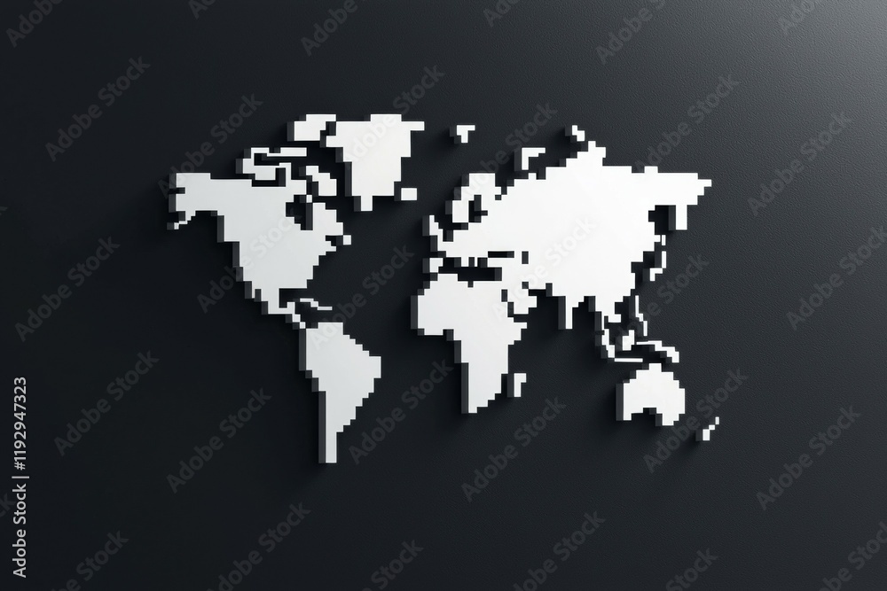 Abstract white pixelated world map on dark background Abstract white pixelated world map on dark background