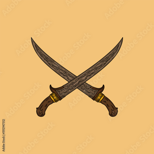 A stylized illustration depicts two crossed wooden daggers with gold accents showcasing intricate carvings.