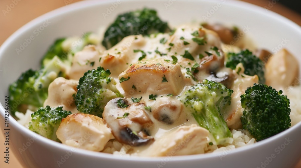 Close-up of rice and creamy chicken alfredo with broccoli and mushrooms in a white bowl, emphasizing rich and creamy nature. Ideal for comfort food and hearty dinners. Close-up of rice and creamy chicken alfredo with broccoli and mushrooms in a white bowl, emphasizing rich and creamy nature. Ideal for comfort food and hearty dinners.