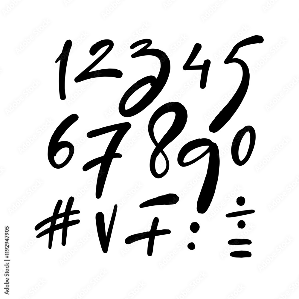 Handwritten Numbers and Symbols Created in Dark Black Ink for Artistic Purposes and Use Handwritten Numbers and Symbols Created in Dark Black Ink for Artistic Purposes and Use