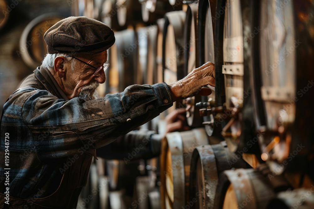 Generative AI image of person exploring traditional winery wooden barrels for wine beer alcohol production