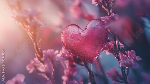 A frosted heart nestled in pink blossoms with soft, dreamy lighting