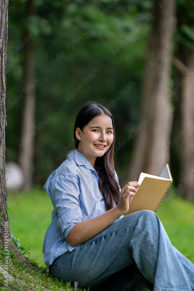 A woman is sitting on the grass and reading a book A woman is sitting on the grass and reading a book