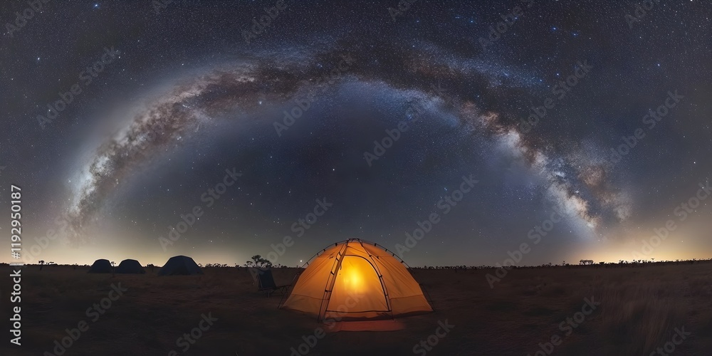 Obraz premium Camping tent glowing with warm light under a starlit sky and Milky Way galaxy.