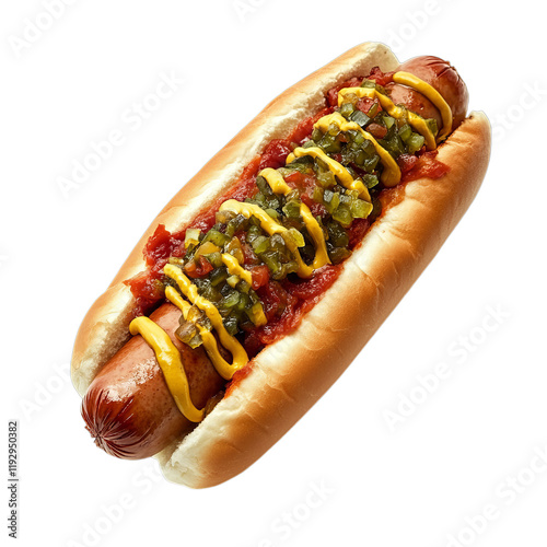 Mouthwatering Hotdog with Mustard, Relish, and Sauces on a Soft Bun - Perfect for BBQs, Picnics, and Quick Snacks