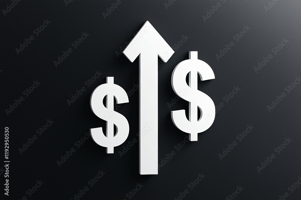 Rising dollar symbol with upward arrow on dark background Rising dollar symbol with upward arrow on dark background