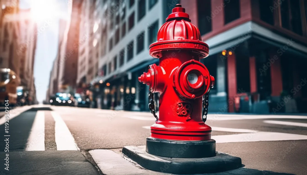 Fototapeta premium Red fire hydrant on the street. Close up 