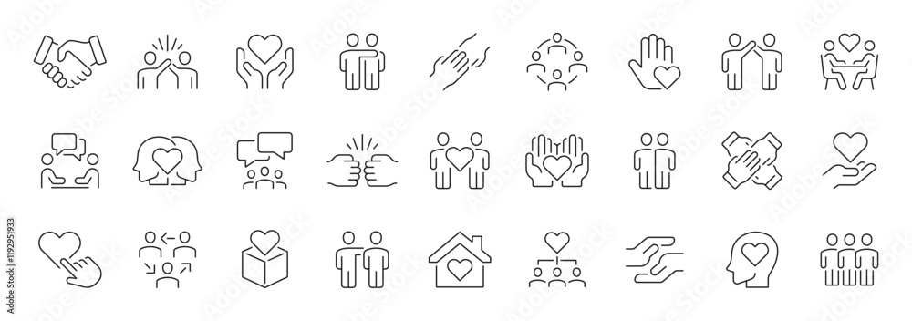 Friendship and love thin line icons set. Care, support, charity editable stroke icon. Vector Friendship and love thin line icons set. Care, support, charity editable stroke icon. Vector