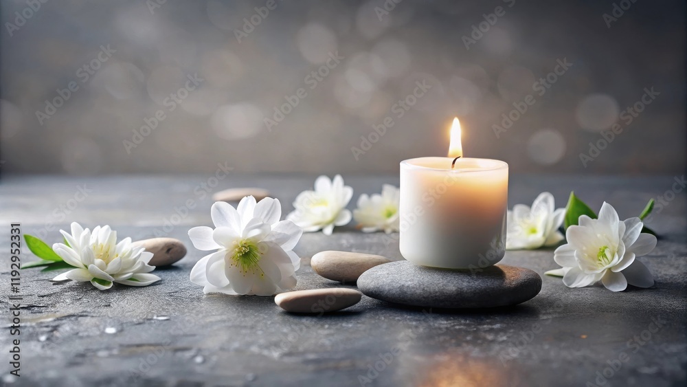 Serene Spa Scene Lit Candle, Smooth Stones, and Delicate White Blossoms on a Gray Surface Serene Spa Scene Lit Candle, Smooth Stones, and Delicate White Blossoms on a Gray Surface