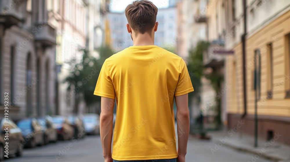 Fototapeta premium flat yellow t-shirt mockup, back view of an attractive young man with a slim body