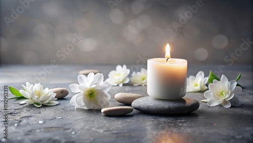 Serene Spa Scene Lit Candle, Smooth Stones, and Delicate White Blossoms on a Gray Surface