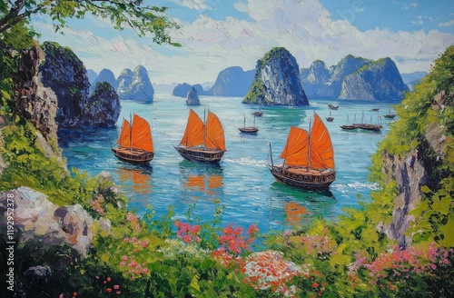 
Oil painting in the middle distance three ancient wooden fishing boats with orange sails on top and white hulls sailing towards the viewer, a green jungle, and blue sea.