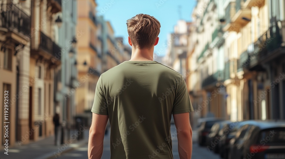 Fototapeta premium flat green army t-shirt mockup, back view of an attractive young man with a slim body
