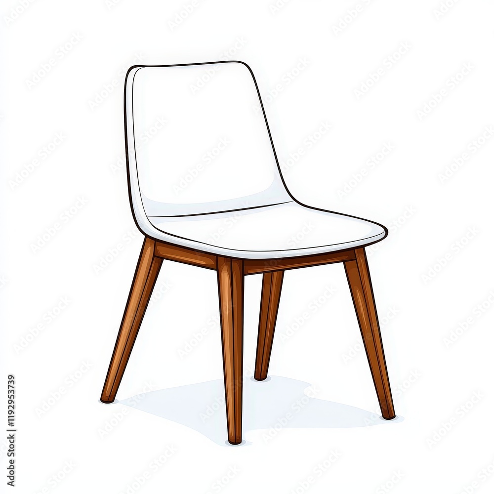 White chair with wooden legs and seat against a plain white background for minimalistic interior design White chair with wooden legs and seat against a plain white background for minimalistic interior design