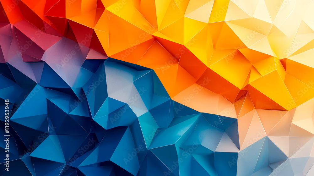 Obraz premium Colorful polygonal background with bright triangles in orange, blue, and yellow hues, creating vibrant and dynamic visual effect. Perfect for modern design projects