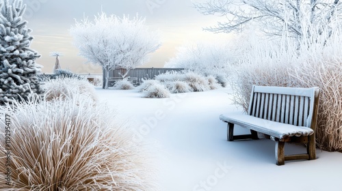 A snow-covered winter garden with frosted plants and a rustic wooden bench.