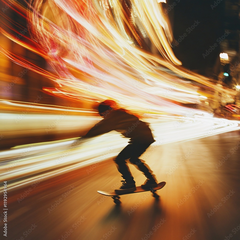 Skateboarding action at night urban environment motion photography dynamic perspective youth culture