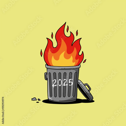 A cartoon illustration depicts the year 2025 burning inside a metal trash can symbolizing a failed or discarded year.
