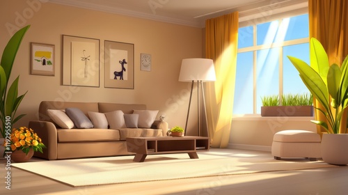 An elegant suburban apartment living room with cozy furniture and natural lighting.